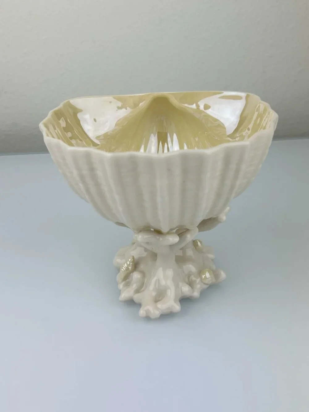 Belleek Ireland Cardium Shell On Coral Base Compote Candy Pedestal Bowl Beige